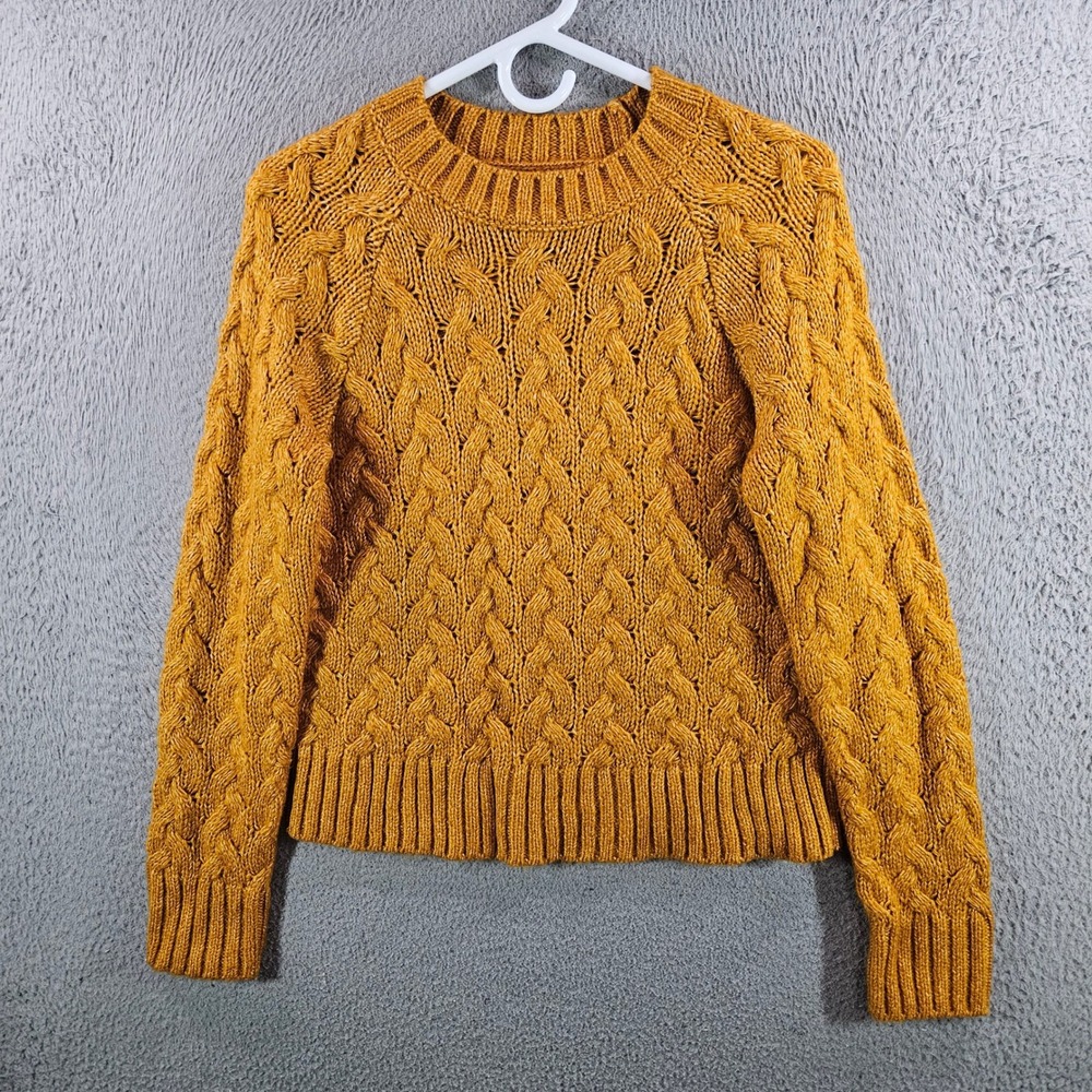 Lucky Brand Womens Mustard Yellow Cable Knit Crew Neck Sweater Small